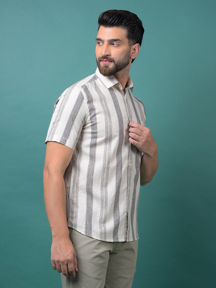 Off White Vertical Stripes Linen Shirt-Men Shirts-Crimsoune Club