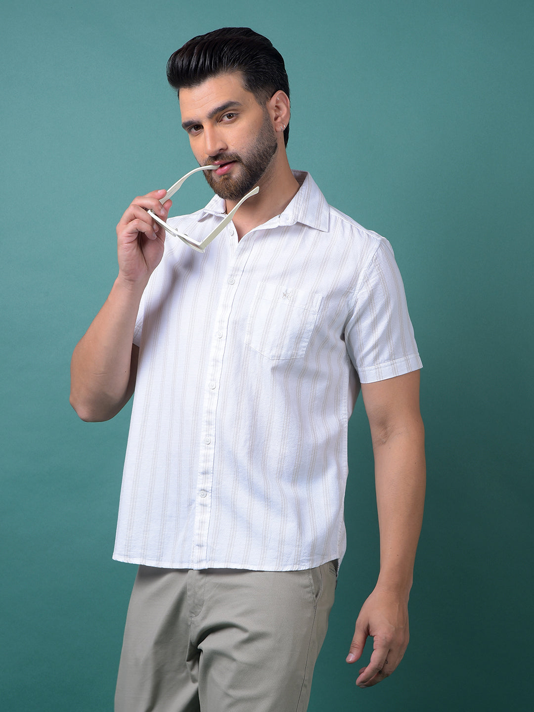 Beige Vertical Stripes 100% Cotton Shirt-Men Shirts-Crimsoune Club