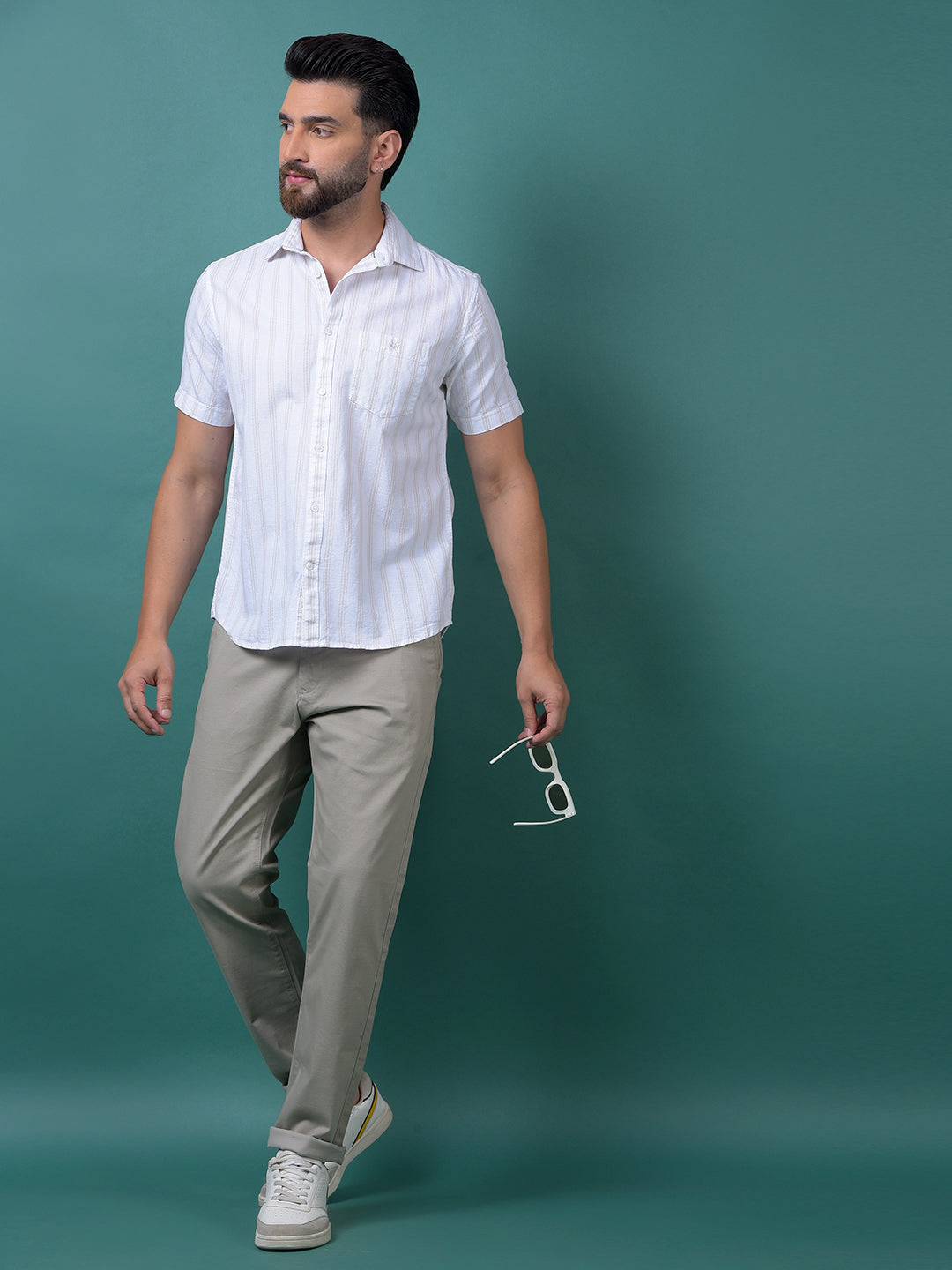 Beige Vertical Stripes 100% Cotton Shirt-Men Shirts-Crimsoune Club