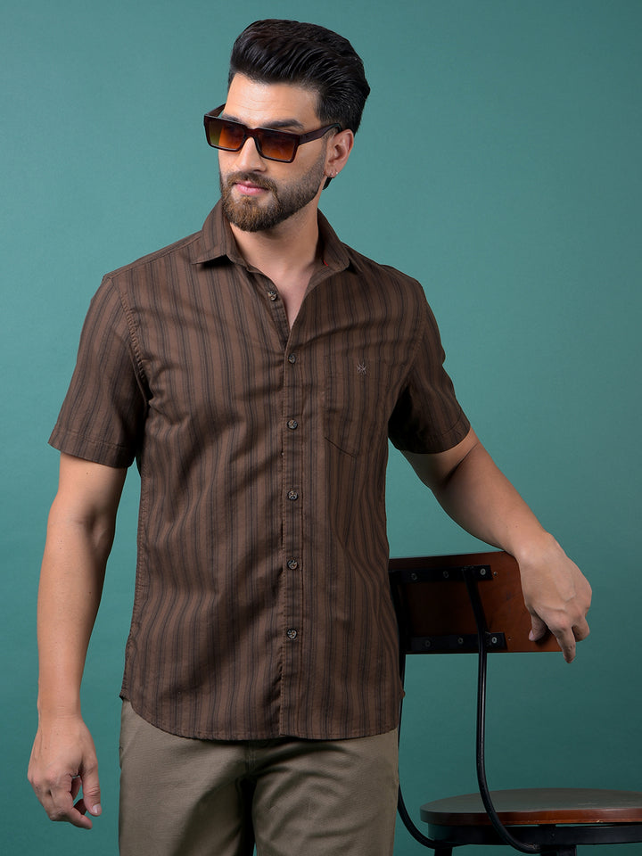 Brown Vertical Stripes 100% Cotton Shirt-Men Shirts-Crimsoune Club