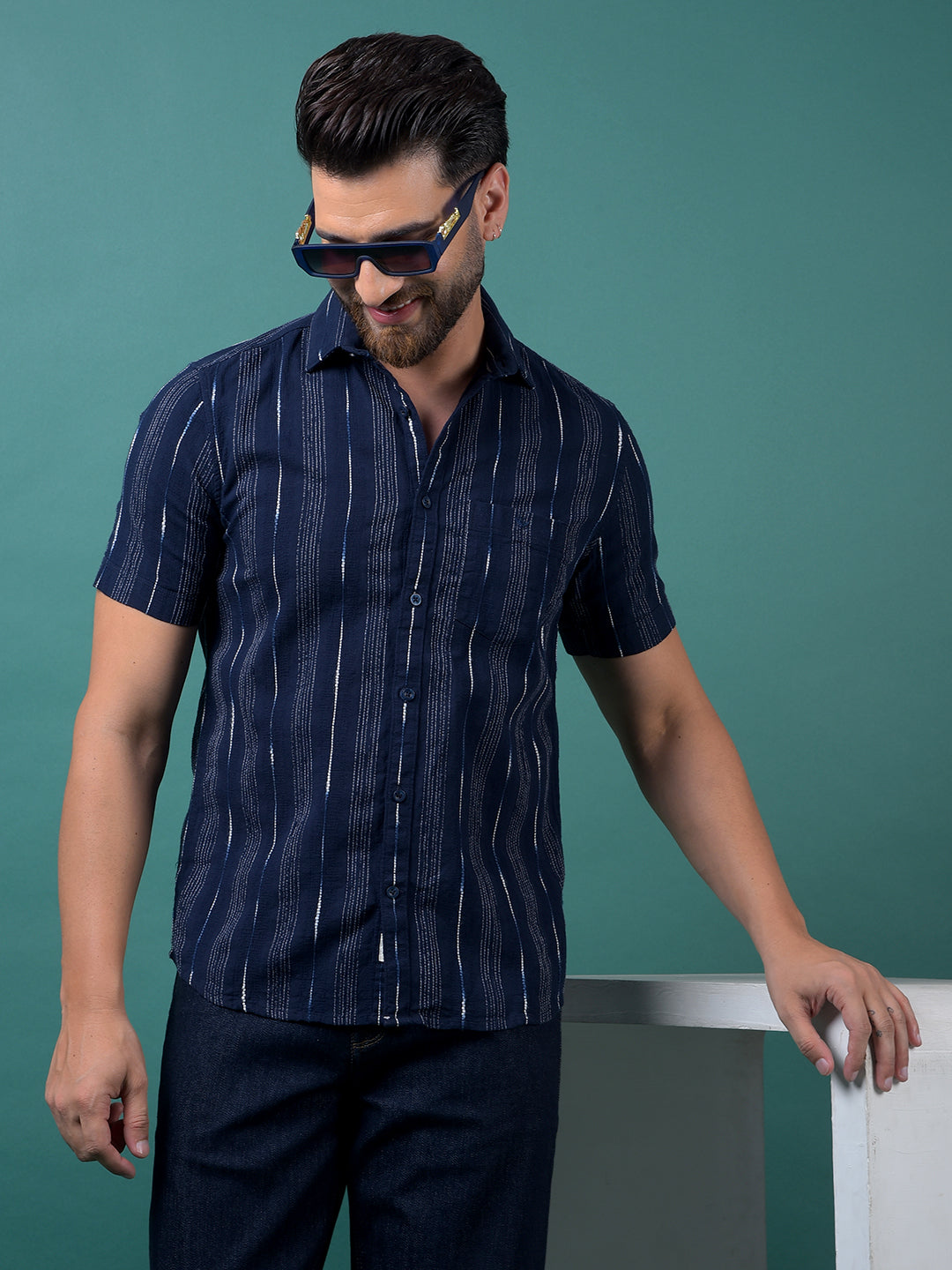 Navy Blue Vertical Stripes 100% Cotton Shirt-Men Shirts-Crimsoune Club