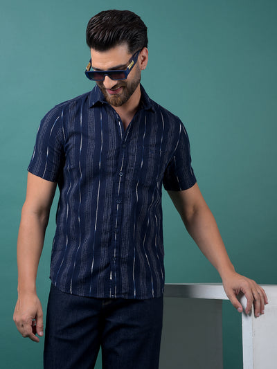 Navy Blue Vertical Stripes 100% Cotton Shirt-Men Shirts-Crimsoune Club