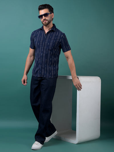 Navy Blue Vertical Stripes 100% Cotton Shirt-Men Shirts-Crimsoune Club