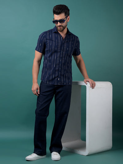 Navy Blue Vertical Stripes 100% Cotton Shirt-Men Shirts-Crimsoune Club
