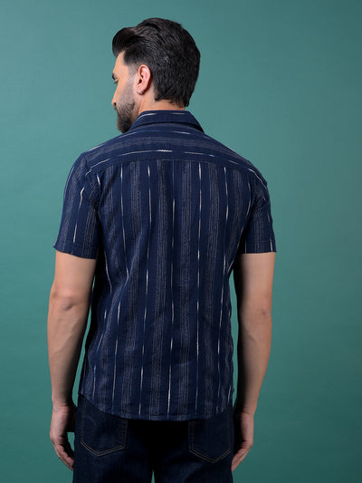 Navy Blue Vertical Stripes 100% Cotton Shirt-Men Shirts-Crimsoune Club
