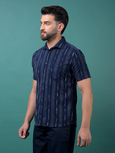 Navy Blue Vertical Stripes 100% Cotton Shirt-Men Shirts-Crimsoune Club
