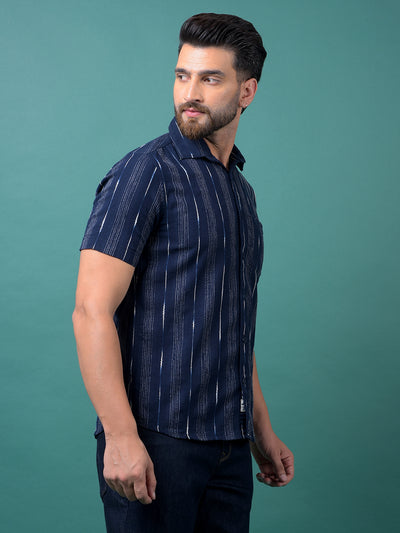 Navy Blue Vertical Stripes 100% Cotton Shirt-Men Shirts-Crimsoune Club