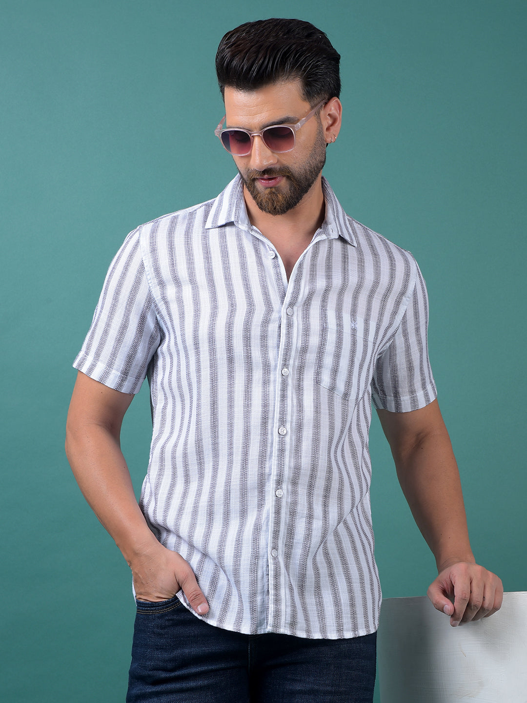 White Vertical Stripes 100% Cotton Shirt-Men Shirts-Crimsoune Club