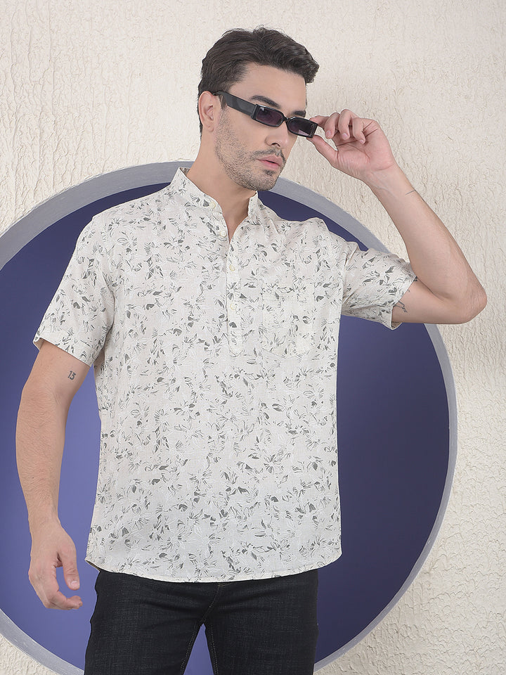 Beige Floral Printed Short Sleeves Linen Kurta-Men Kurtas-Crimsoune Club