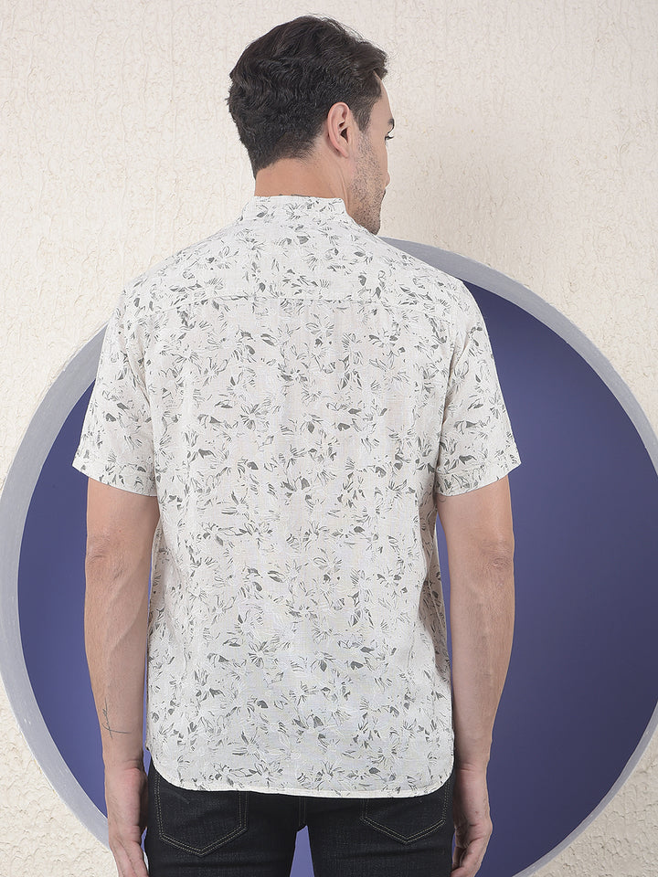 Beige Floral Printed Short Sleeves Linen Kurta-Men Kurtas-Crimsoune Club