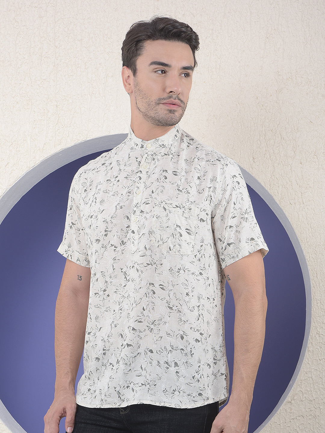 Beige Floral Printed Short Sleeves Linen Kurta-Men Kurtas-Crimsoune Club