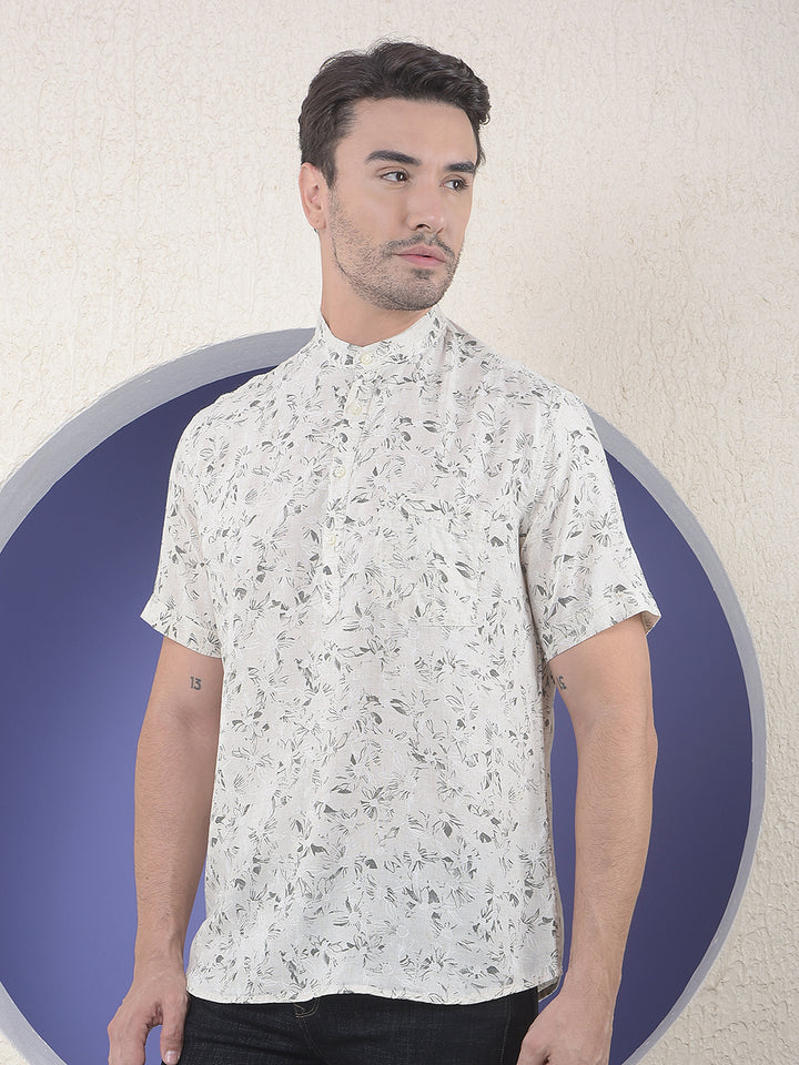 Beige Floral Printed Short Sleeves Linen Kurta-Men Kurtas-Crimsoune Club