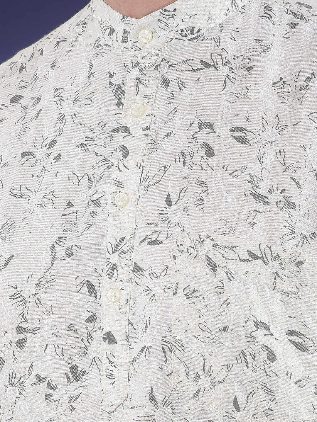 Beige Floral Printed Short Sleeves Linen Kurta-Men Kurtas-Crimsoune Club