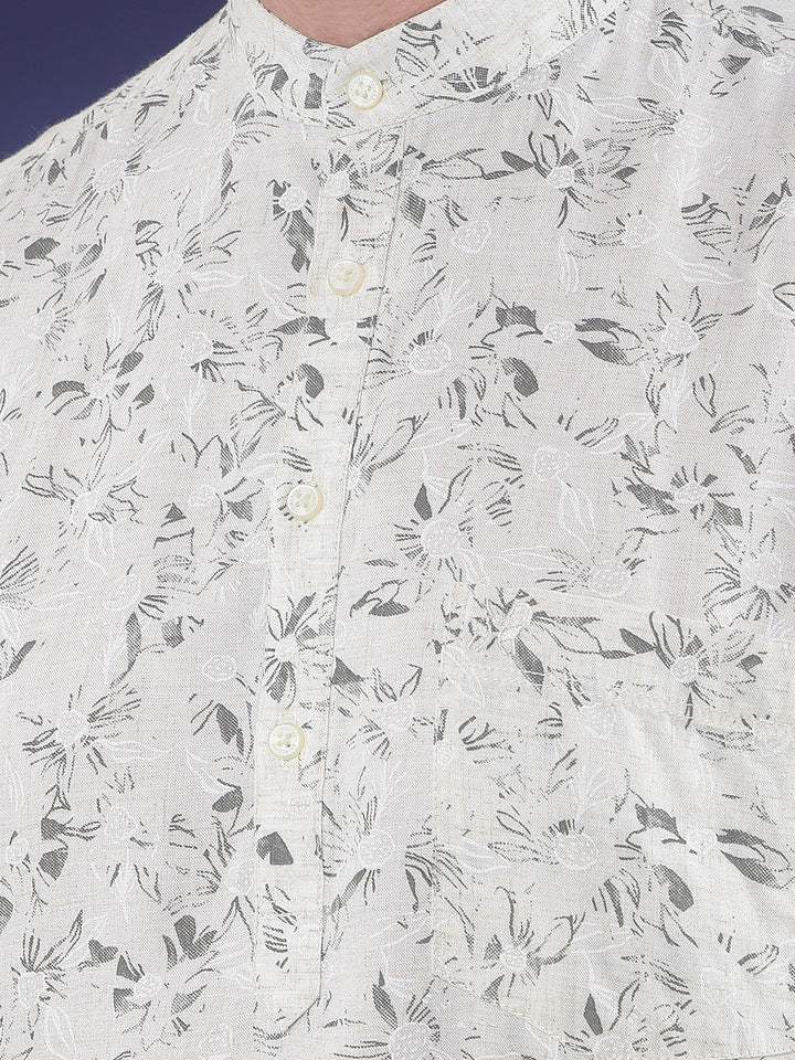 Beige Floral Printed Short Sleeves Linen Kurta-Men Kurtas-Crimsoune Club