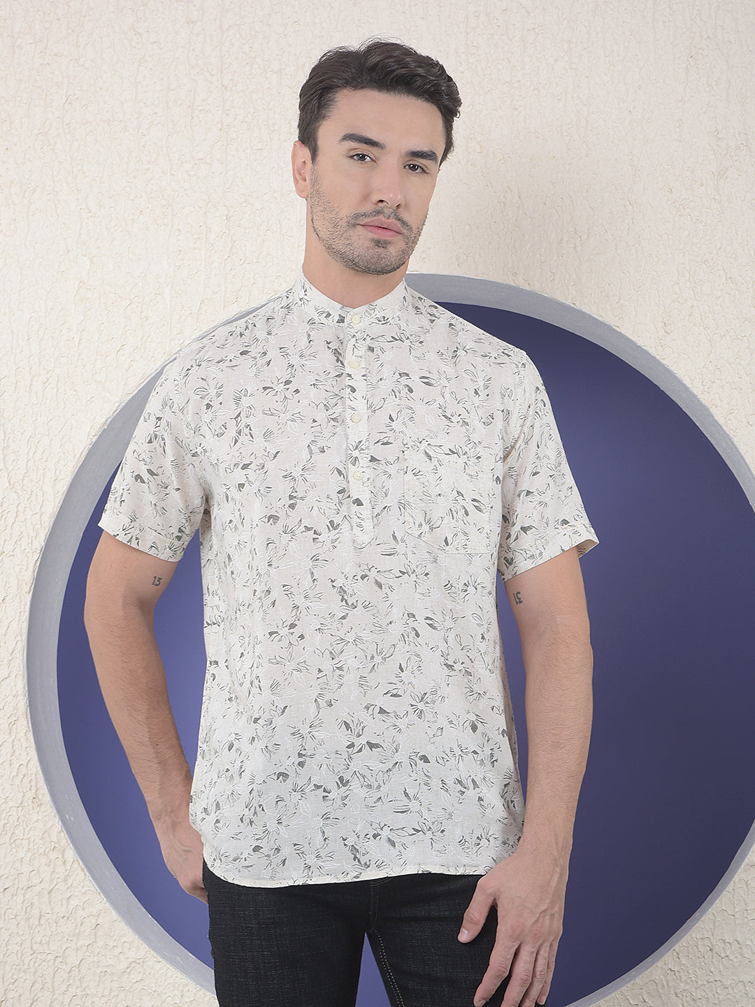 Beige Floral Printed Short Sleeves Linen Kurta-Men Kurtas-Crimsoune Club