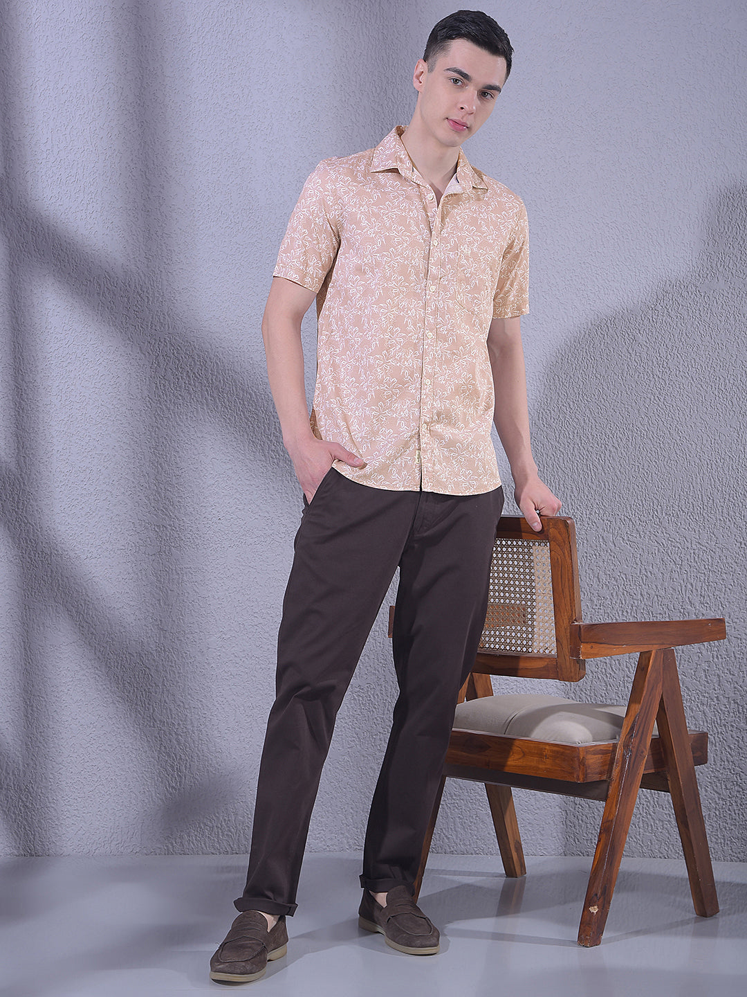 Peach Floral Print Shirt-Men Shirts-Crimsoune Club