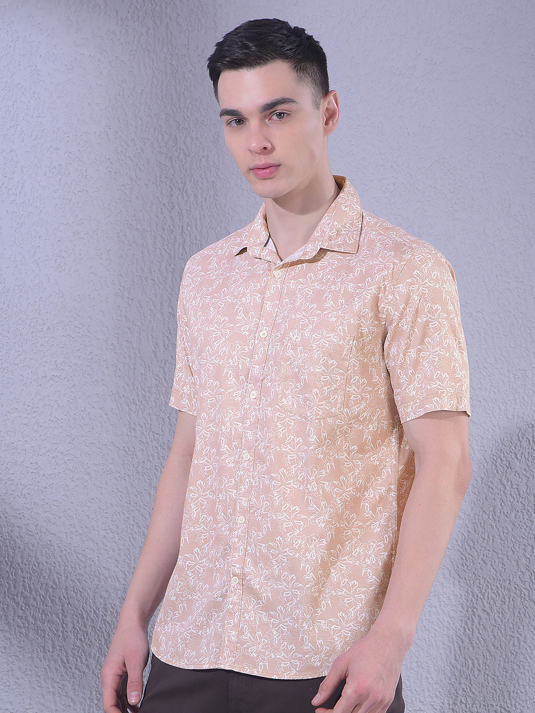 Peach Floral Print Shirt-Men Shirts-Crimsoune Club