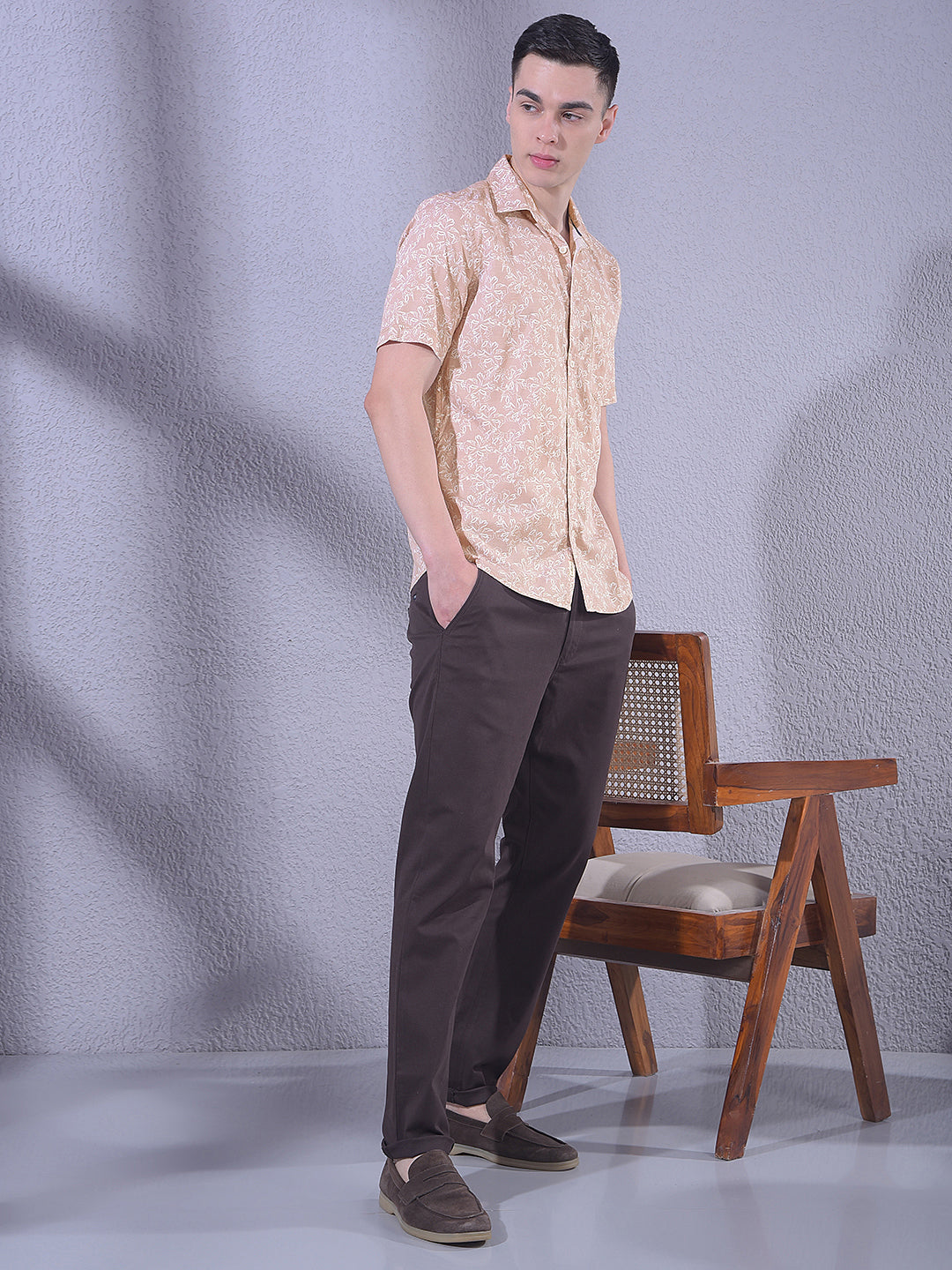 Peach Floral Print Shirt-Men Shirts-Crimsoune Club