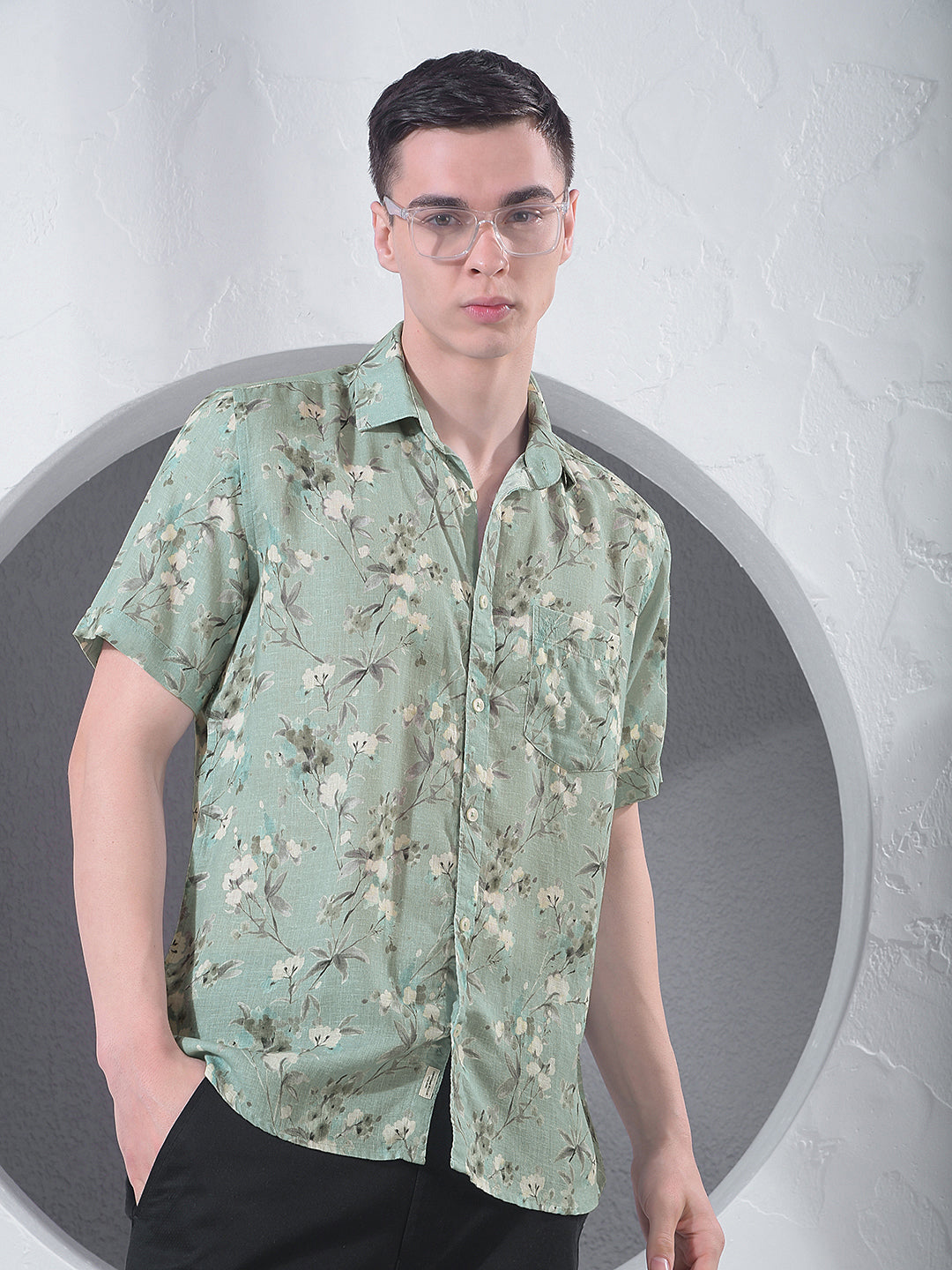 Green Floral Print Linen Shirt-Men Shirts-Crimsoune Club