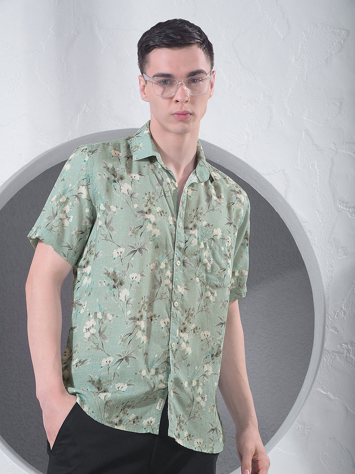 Green Floral Print Linen Shirt-Men Shirts-Crimsoune Club