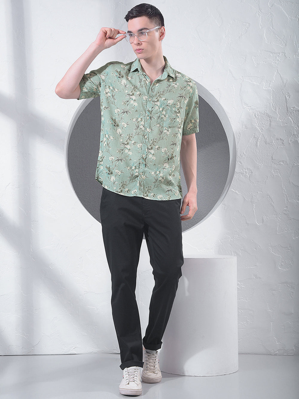 Green Floral Print Linen Shirt-Men Shirts-Crimsoune Club