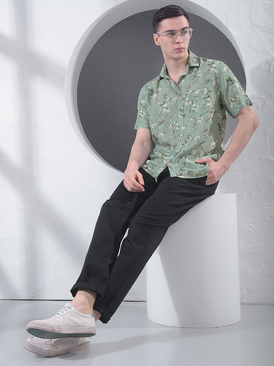 Green Floral Print Linen Shirt-Men Shirts-Crimsoune Club