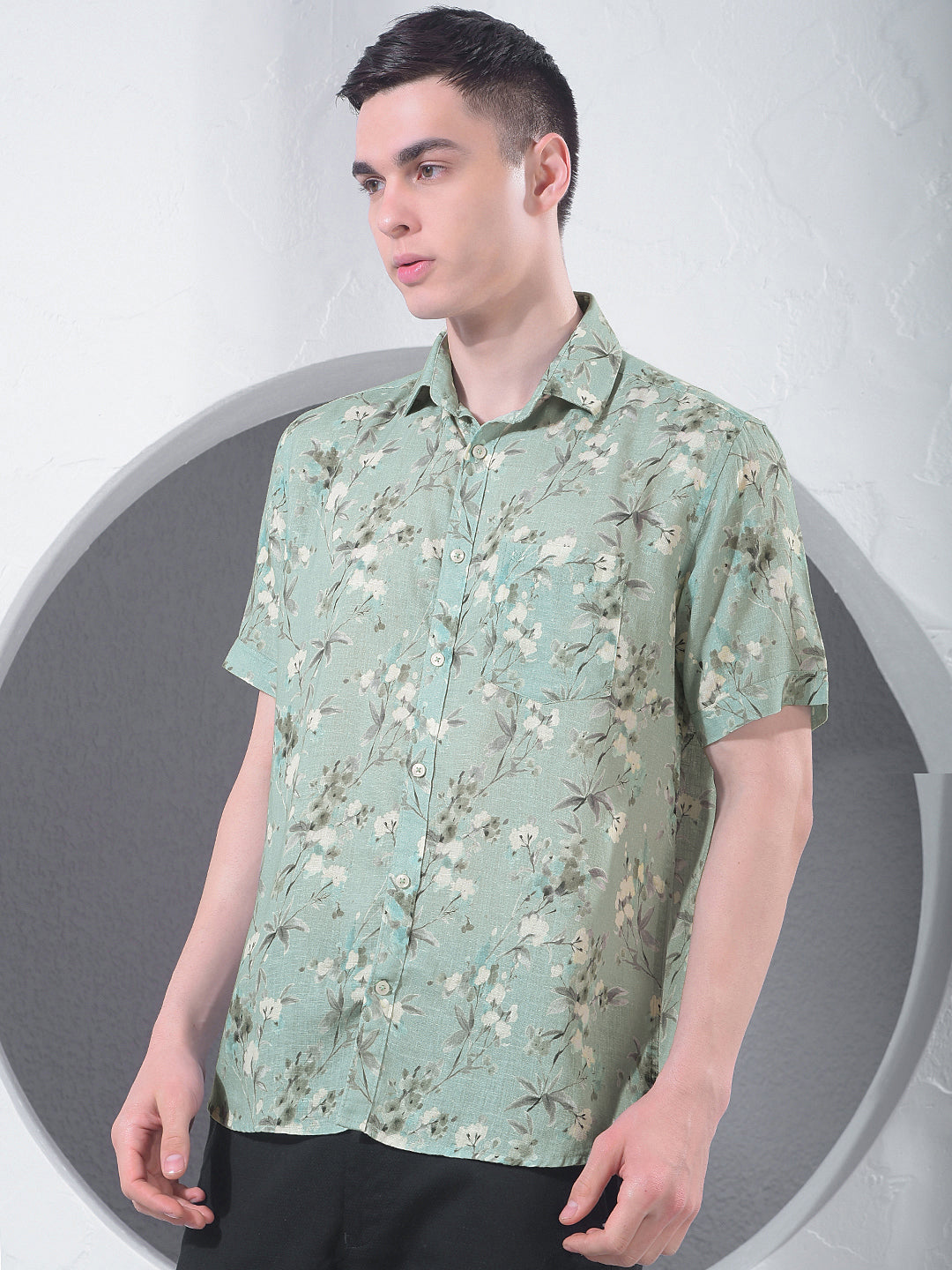 Green Floral Print Linen Shirt-Men Shirts-Crimsoune Club