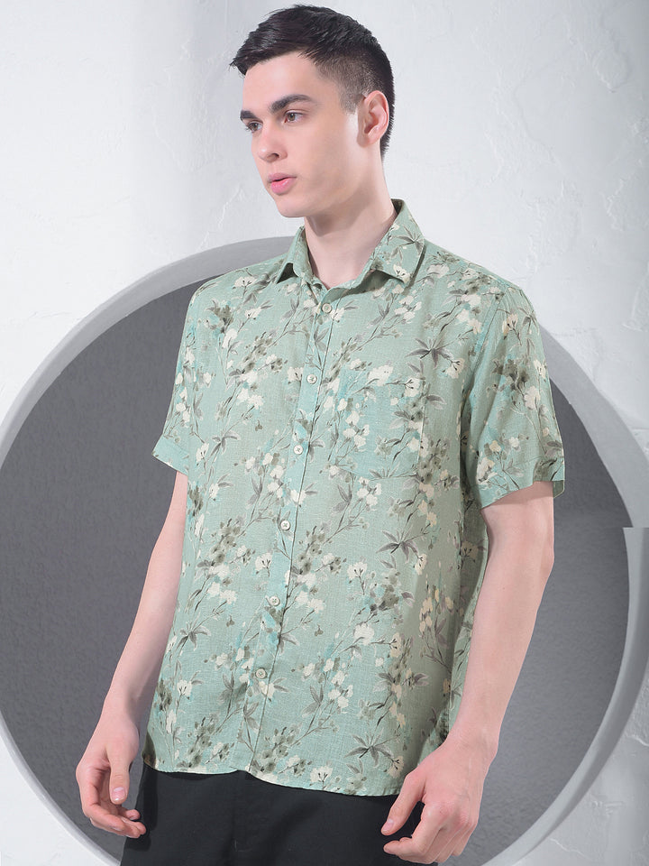 Green Floral Print Linen Shirt-Men Shirts-Crimsoune Club