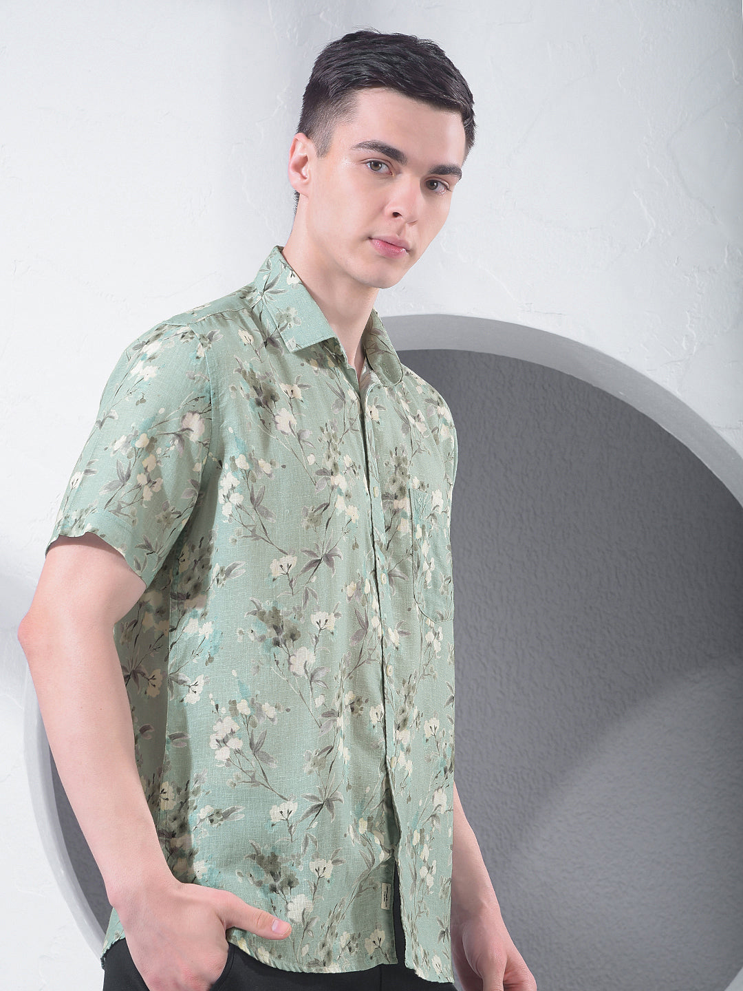 Green Floral Print Linen Shirt-Men Shirts-Crimsoune Club