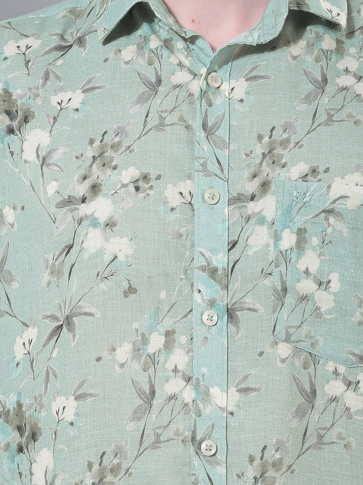 Green Floral Print Linen Shirt-Men Shirts-Crimsoune Club