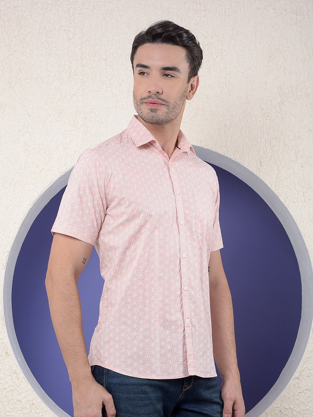 Peach Floral Printed Shirt-Men Shirts-Crimsoune Club