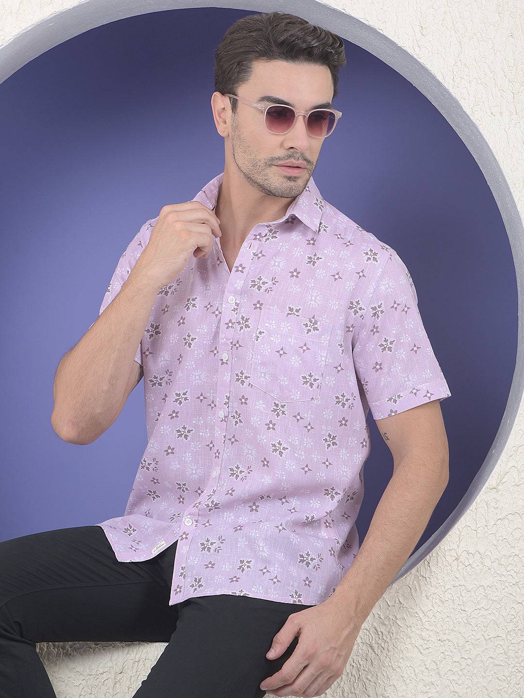 Purple Floral Printed Linen Shirt-Men Shirts-Crimsoune Club