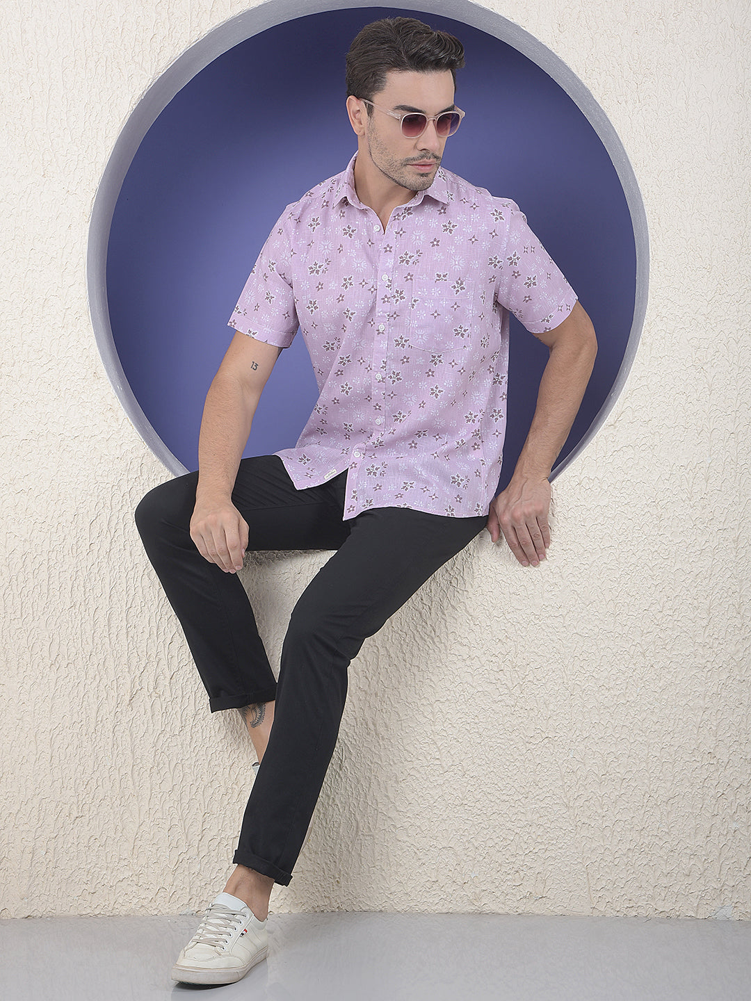 Purple Floral Printed Linen Shirt-Men Shirts-Crimsoune Club