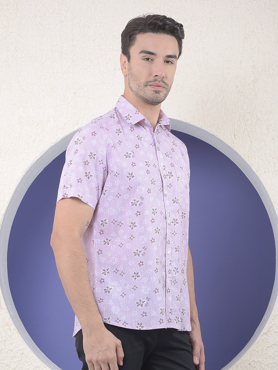 Purple Floral Printed Linen Shirt-Men Shirts-Crimsoune Club