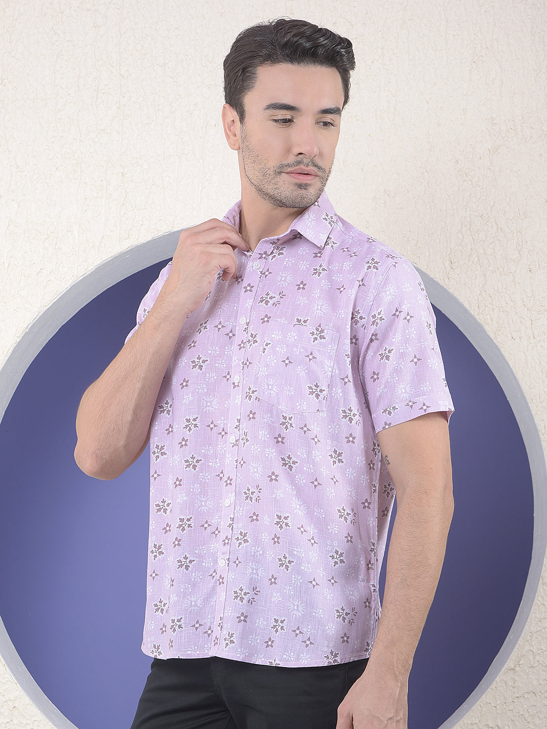 Purple Floral Printed Linen Shirt-Men Shirts-Crimsoune Club
