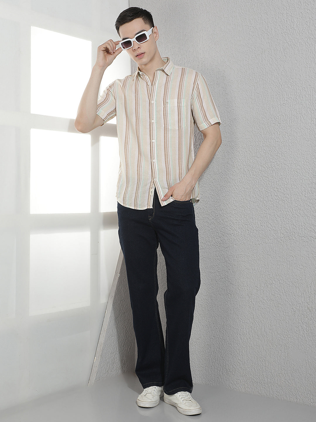 Beige Vertical Striped Linen Shirt-Men Shirts-Crimsoune Club