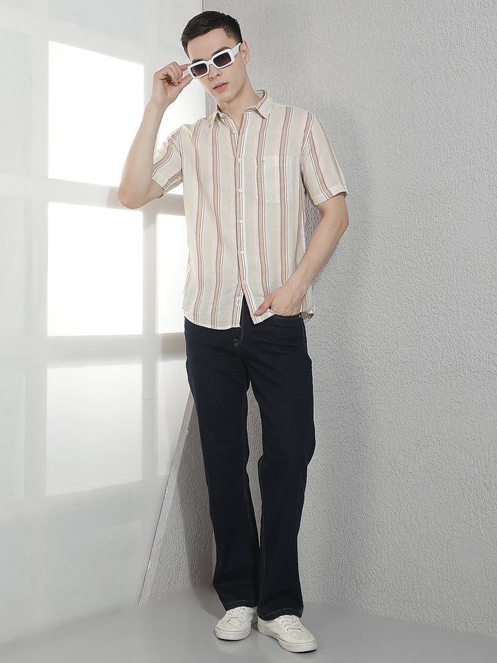 Beige Vertical Striped Linen Shirt-Men Shirts-Crimsoune Club