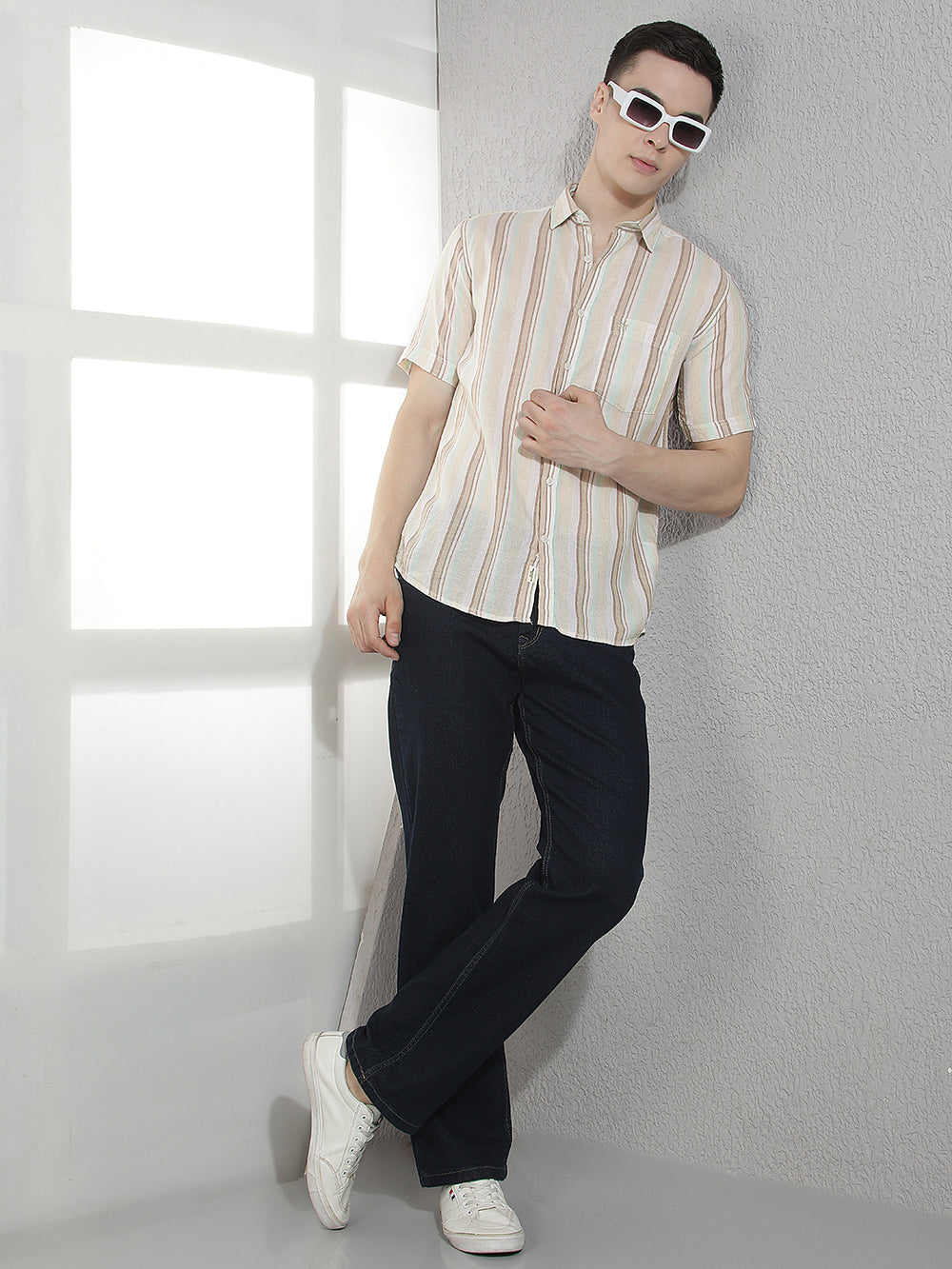 Beige Vertical Striped Linen Shirt-Men Shirts-Crimsoune Club
