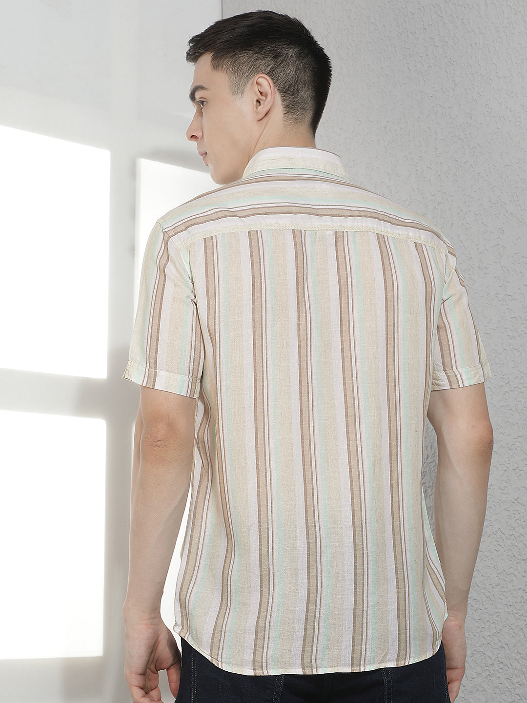 Beige Vertical Striped Linen Shirt-Men Shirts-Crimsoune Club