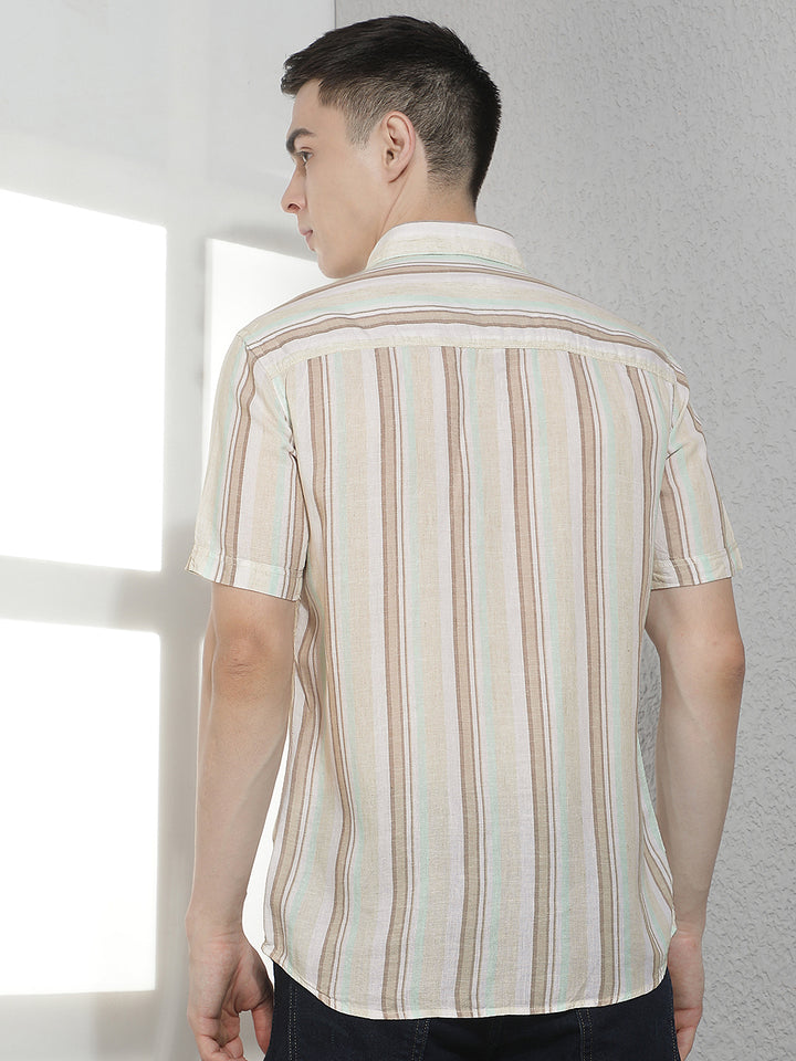 Beige Vertical Striped Linen Shirt-Men Shirts-Crimsoune Club