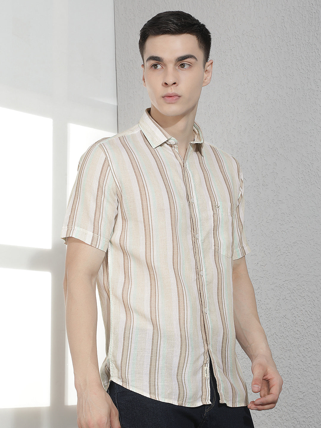 Beige Vertical Striped Linen Shirt-Men Shirts-Crimsoune Club