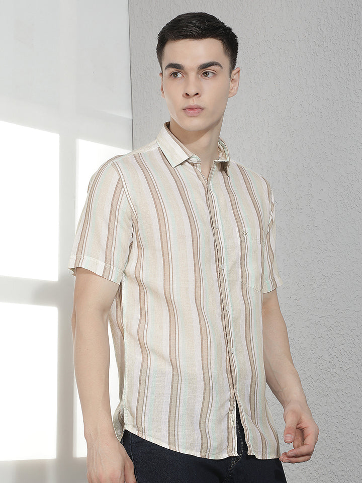 Beige Vertical Striped Linen Shirt-Men Shirts-Crimsoune Club