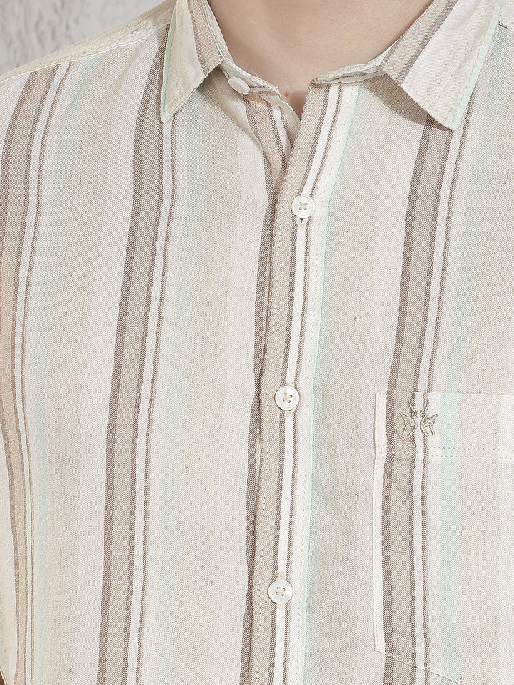 Beige Vertical Striped Linen Shirt-Men Shirts-Crimsoune Club