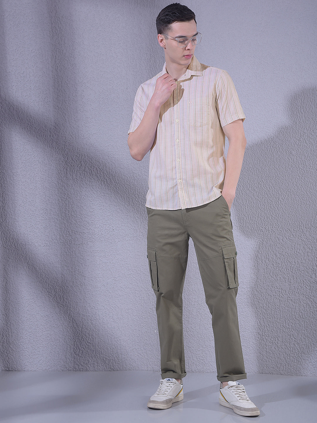 Beige Vertical Striped 100% Cotton Shirt-Men Shirts-Crimsoune Club