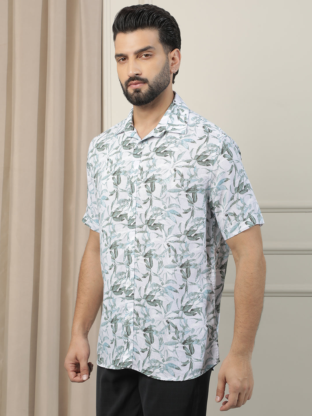 Green Floral Print Linen Shirt