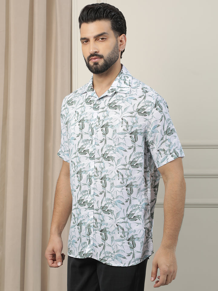 Green Floral Print Linen Shirt