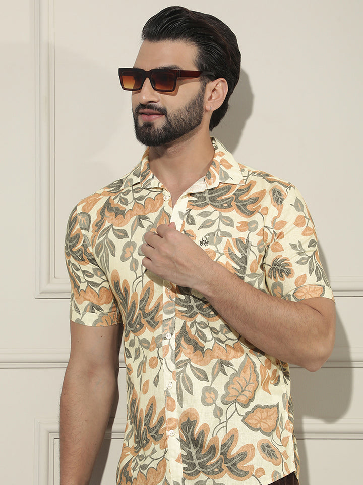 Orange Floral Print Linen Shirt-Men Shirts-Crimsoune Club
