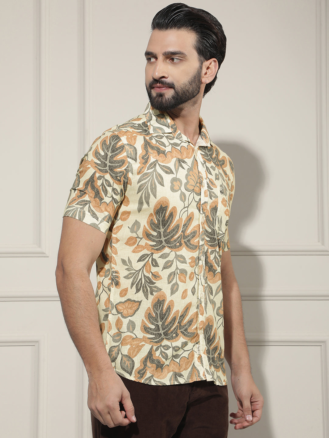 Orange Floral Print Linen Shirt-Men Shirts-Crimsoune Club