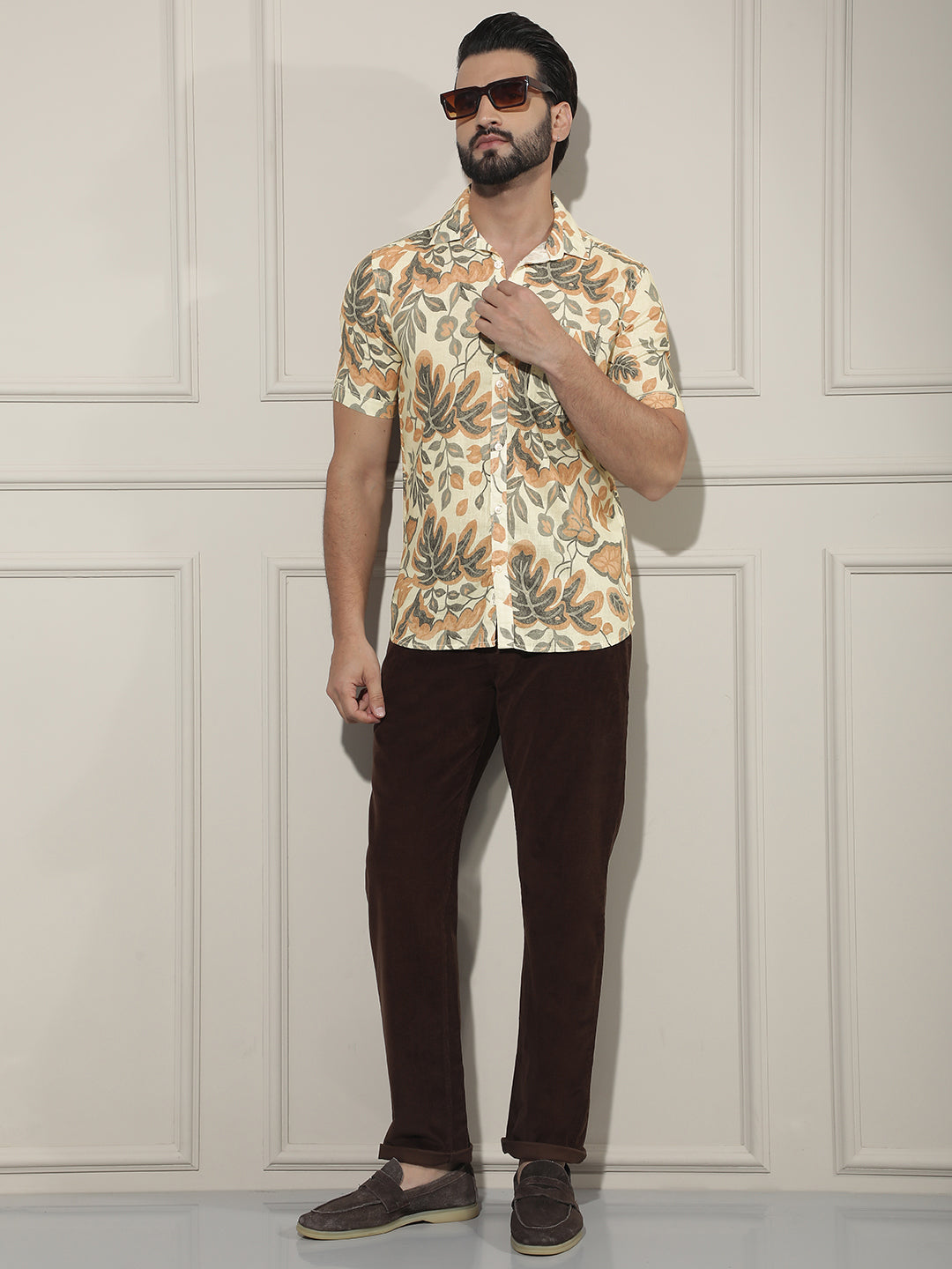 Orange Floral Print Linen Shirt-Men Shirts-Crimsoune Club