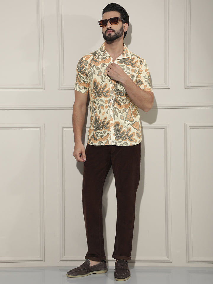 Orange Floral Print Linen Shirt-Men Shirts-Crimsoune Club